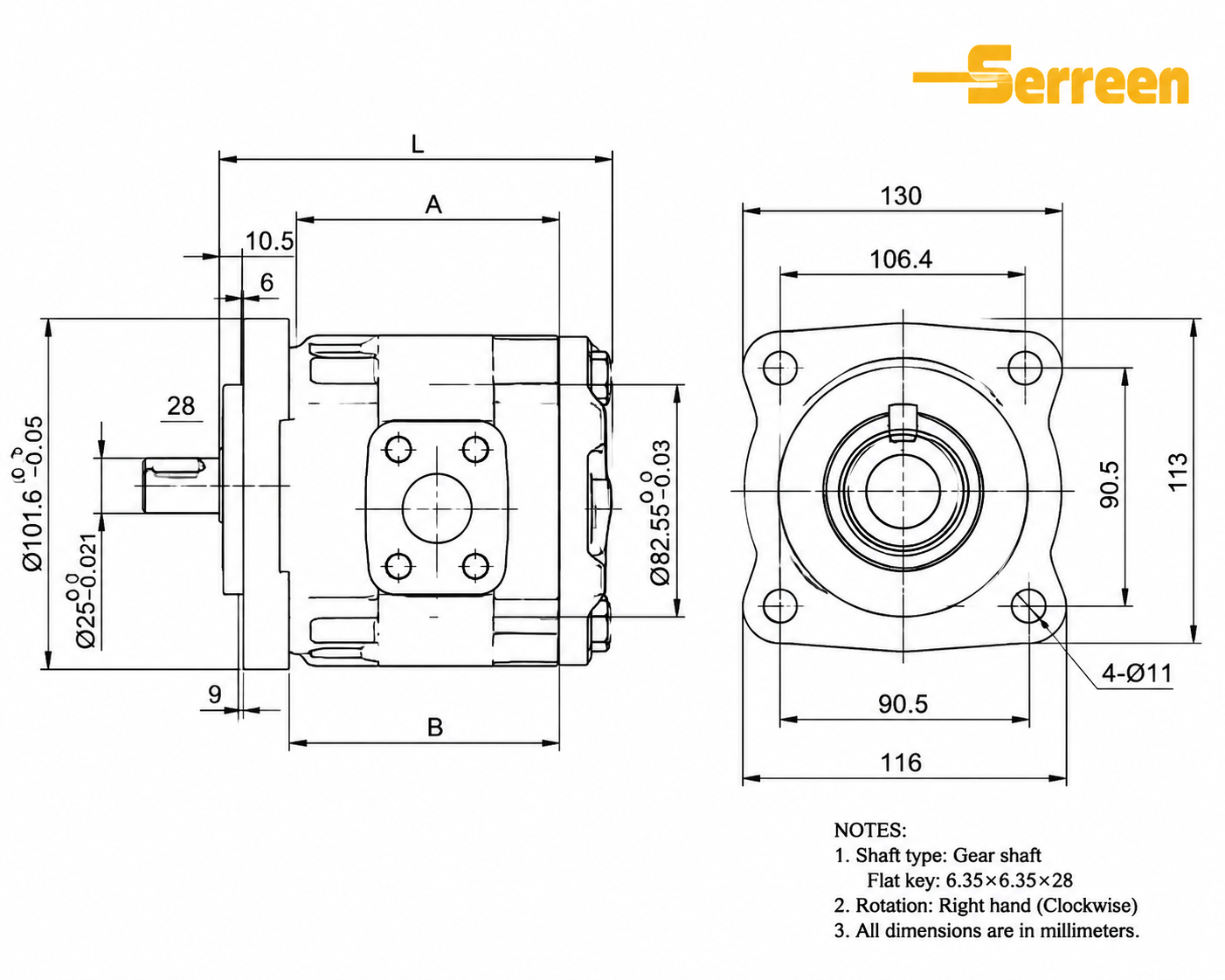 QT Series Hydraulic Pump Gear Shaft Gear Pump dimension